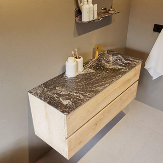 Mondiaz VICA-DLUX ensemble de meuble de salle de bain - 120cm - meuble sous-vasque chêne blanchi - 2 tiroirs - lavabo encastré cloud droite - 1 trou de robinet - miroir modèle spot - version XL 60cm de haut - lave