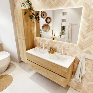 MONDIAZ VICA 120cm badmeubel onderkast Washed Oak 2 lades. Wastafel DENIA dubbel 2 kraangaten, kleur Glanzend Wit.