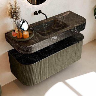 MONDIAZ THOR-DLUX 120cm meuble de salle de bains arrondi gauche + droite couleur Shadow avec 1 tiroir et 2 portes. Vasque suspendue CLOUD Milieu sans trou de robinet couleur Lava.