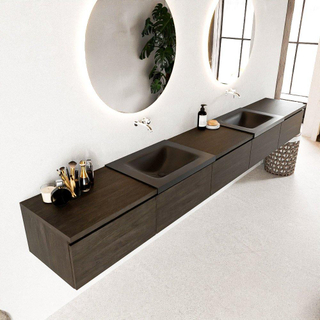 MONDIAZ BUKLA 300cm badmeubel met module 60 kleur Dark Brown met 5 lades. Wastafel CLOUD dubbel 0 kraangaten kleur Urban.