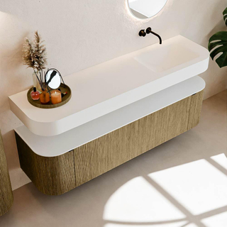 MONDIAZ THOR Meuble de salle de bains - 170cm - arrondi gauche + droite - couleur Dusk - 1 tiroir - 2 portes - Vasque suspendue CLOUD droite sans trou de robinet - couleur Talc