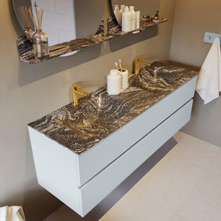 Mondiaz VICA-DLUX ensemble de meuble de salle de bain - 150cm - meuble sous-vasque argile - 2 tiroirs - lavabo encastré nuage double - 2 trous de robinet - version haute de 60cm - lave