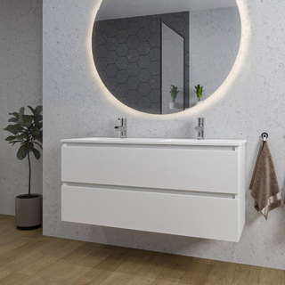 Adema Chaci Meuble salle de bain - 120x46x57cm - 2 vasques en céramique blanche - 2 trous de robinet - 2 tiroirs - miroir rond avec éclairage - blanc mat