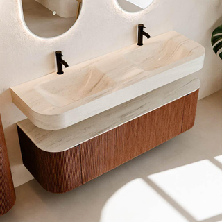 MONDIAZ THOR-DLUX 150cm meuble de salle de bains arrondi gauche + droite couleur Ruby avec 1 tiroir et 2 portes. Vasque suspendue CLOUD Double 2 trous de robinet couleur Meli.