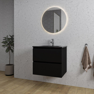 Adema Chaci Ensemble de meuble - 60x46x57cm - 1 vasque en céramique noire - 1 trou de robinet - 2 tiroirs - miroir rond avec éclairage - noir mat