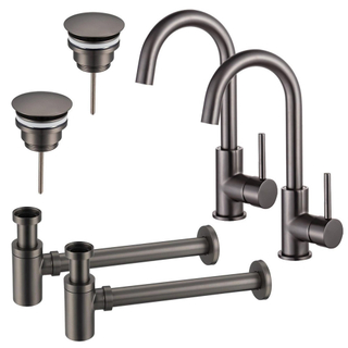 FugaFlow Eccelente Sobrado Kit robinet lavabo - pour double vasque - robinet haut - bec rotatif - bonde non-obturable - siphon design bas - Gunmetal PVD