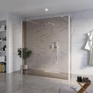 FugaFlow Eccelente Vetro Vrijstaande inloopdouche badkamer - 180x200cm - Rookglas - antikalk - 8mm veiligheidsglas - 2 zijwanden 40cm - met wandarmen en hoekprofielen - Wit mat -