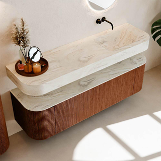 MONDIAZ THOR-DLUX 160cm meuble de salle de bains arrondi gauche + droite couleur Ruby avec 1 tiroir et 2 portes. Vasque suspendue CLOUD Droite sans trou de robinet couleur Ostra.