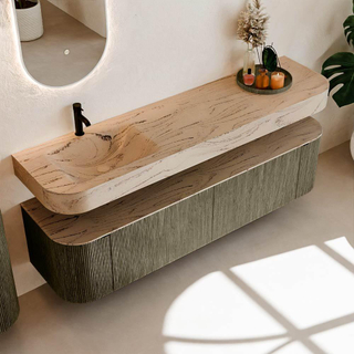 MONDIAZ THOR-DLUX 180cm meuble de salle de bains arrondi gauche + droite couleur Shadow avec 2 tiroirs et 2 portes. Vasque suspendue CLOUD Gauche 1 trou de robinet couleur Arena.