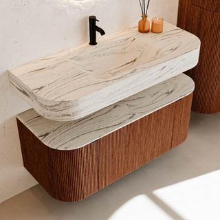 MONDIAZ THOR-DLUX 110cm meuble de salle de bains arrondi gauche + droite couleur Ruby avec 1 tiroir et 2 portes. Vasque suspendue CLOUD Milieu 1 trou de robinet couleur Nata.