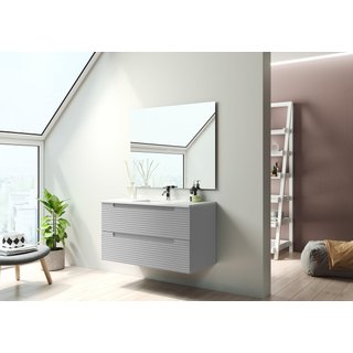 Adema Prime Balance Ensemble de meuble - 100x55x45cm - 1 vasque rectangulaire en céramique Blanc - 1 trou de robinet - 2 tiroirs - avec miroir rectangulaire - Greige