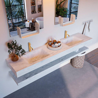 Mondiaz ALAN-DLUX Ensemble de meuble - 200cm - meuble Opalo mat - 0 tiroirs - Lavabo Cloud Opalo suspendu - vasque Gauche et droite - 2 trous de robinet