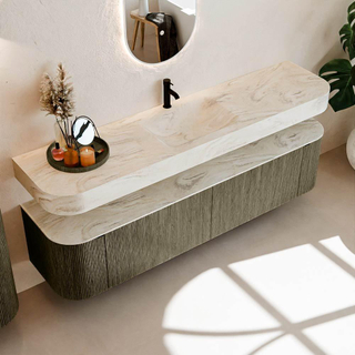 MONDIAZ THOR-DLUX Meuble de salle de bains 190cm arrondi gauche + droite couleur Shadow avec 2 tiroirs et 2 portes. Vasque suspendue CLOUD Milieu 1 trou de robinet couleur Ostra.