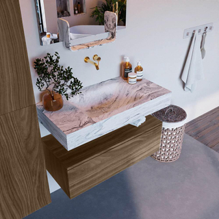 Mondiaz ALAN-DLUX Ensemble de meuble salle de bain - 90cm - 1 tiroir - lavabo suspendu CLOUD - Glace - milieu - sans trou de robinet - Mocha