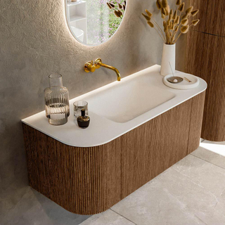 MONDIAZ KURVE 110cm Meuble salle de bain avec module 25 G et D - couleur Walnut - 1 tiroir - 2 portes - vasque CLOUD centre - sans trous de robinet - Talc