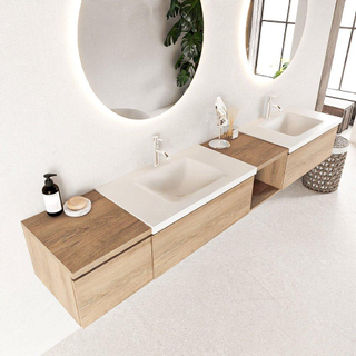 MONDIAZ BUKLA 240cm ensemble de meuble avec module ouvert 40 à droite couleur Chêne blanchi avec 3 tiroirs. Lavabo CLOUD double 2 trous de robinet couleur Talc.
