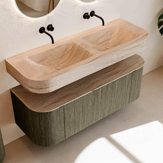 MONDIAZ THOR-DLUX 130cm meuble de salle de bains arrondi gauche + droite couleur Shadow avec 1 tiroir et 2 portes. Vasque suspendue CLOUD Double sans trou de robinet couleur Saba.