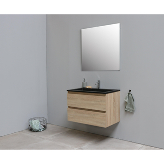 Basic Bella Meuble salle de bains avec lavabo acrylique avec miroir Noir 80x55x46cm 1 trou de robinet Chêne