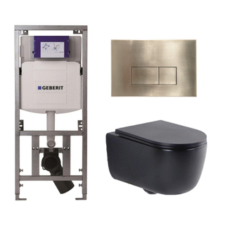 QeramiQ Dely Swirl Toiletset - 36.3x51.7cm - Geberit UP320 inbouwreservoir - met Burda frame - slim zitting - geborsteld messing bedieningsplaat - rechthoekige knoppen - mat zwart