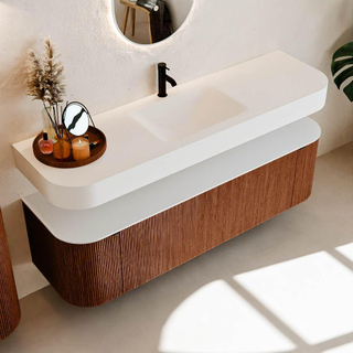 MONDIAZ THOR 160cm meuble de salle de bains arrondi gauche + droite couleur Ruby avec 1 tiroir et 2 portes. Vasque suspendue CLOUD Milieu 1 trou de robinet couleur Talc.