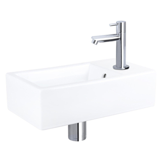 Differnz Force Set lave-mains 40x22x8cm 1 trou avec robinet droit et siphon + bonde chrome Rectangulaire Céramique Blanc