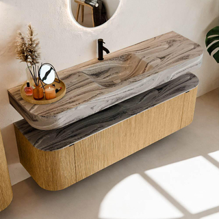 MONDIAZ THOR-DLUX 160cm meuble de salle de bains arrondi gauche + droite couleur Oak avec 1 tiroir et 2 portes. Vasque suspendue CLOUD Milieu 1 trou de robinet couleur Sombra.