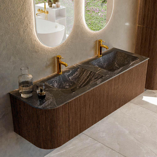 MONDIAZ KURVE-DLUX 145cm badmeubel met module 25 L kleur Walnut met 1 lade en 1 deur. Wastafel LEAF dubbel / rechts 2 kraangaten kleur Lava.