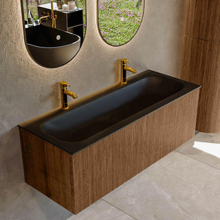 MONDIAZ KURVE 120cm Meuble salle de bain - couleur Walnut - 1 tiroir - vasque BIG LARGE centre - 2 trous de robinet - Urban