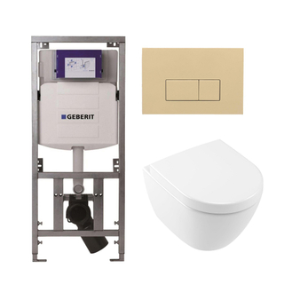 Villeroy & Boch Subway 2.0 compact DirectFlush Toiletset - Geberit reservoir - softclose - quickrelease - bedieningsplaat beige - rechthoekige knoppen - wit