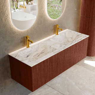 Mondiaz KURVE-DLUX Ensemble de meuble salle de bain - 130x46x40cm - 2 tiroirs - lavabo en solid surface - double - 2 trous de robinet - Ruby