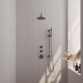 Brauer Gunmetal Carving Colonne de douche thermostatique avec pommeau 20cm et bras mural courbé 40cm et douchette Stylo 1 jet flexible lisse avec coude mural Gunmetal brossé PVD