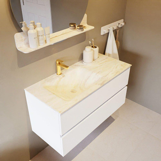 Mondiaz VICA-DLUX Ensemble de meuble de salle de bain - 100cm - meuble sous-vasque talc - 2 tiroirs - lavabo encastré cloud gauche - 1 trou de robinet - miroir modèle spot - version XL 60cm haut - ostra