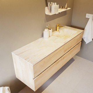 Mondiaz VICA-DLUX ensemble de meuble de salle de bain - 150cm - meuble sous-vasque chêne blanchi - 4 tiroirs - lavabo encastré cloud droite - 1 trou de robinet - version haute de 60cm - ostra