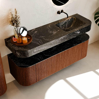 MONDIAZ THOR-DLUX 150cm meuble de salle de bains arrondi gauche + droite couleur Ruby avec 1 tiroir et 2 portes. Vasque suspendue CLOUD Droite sans trou de robinet couleur Lava.