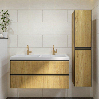 Wiesbaden lotus ensemble de meubles de salle de bains 120x45.2cm 2 robinets 2 lavabos marbre artificiel blanc lavabo avec 2 tiroirs sans miroir chêne naturel/noir mat