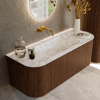 MONDIAZ KURVE-DLUX 120cm Meuble salle de bain avec module 25 G et D - couleur Walnut - 1 tiroir - 2 portes - vasque BIG SMALL centre - sans trou de robinet - couleur Glace