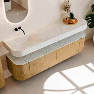 MONDIAZ THOR-DLUX 180cm meuble de salle de bains arrondi gauche + droite couleur Oak avec 2 tiroirs et 2 portes. Vasque suspendue CLOUD gauche sans trou de robinet couleur Opalo.