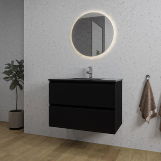 Adema Chaci Meuble salle de bain - 80x46x55cm - 1 vasque en céramique noire - 1 trou de robinet - 2 tiroirs - miroir rond avec éclairage - noir mat