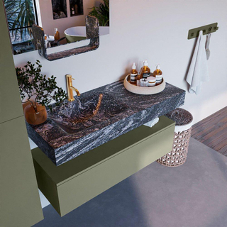 Mondiaz ALAN-DLUX Ensemble de meuble - 110cm - meuble Army mat - 1 tiroir - Lavabo Cloud Lava suspendu - vasque Gauche - 1 trou de robinet