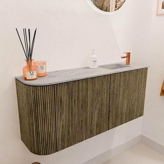 Mondiaz JOYA-DLUX 91.6cm meuble de salle de bains - arrondi gauche couleur Dusk - Vasque FAYE position Droite 1 trou de robinet couleur Glace.