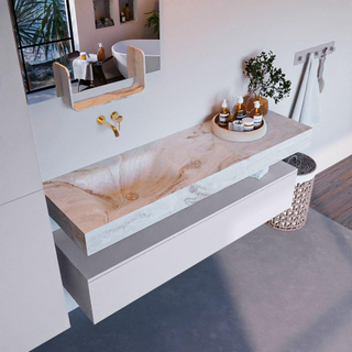Mondiaz ALAN-DLUX Ensemble de meuble - 150cm - meuble Cale mat - 1 tiroir - Lavabo Cloud Frappe suspendu - vasque Gauche - 0 trous de robinet