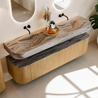 MONDIAZ THOR-DLUX 180cm meuble de salle de bains arrondi gauche + droite couleur Oak avec 2 tiroirs et 2 portes. Vasque suspendue CLOUD Double sans trou de robinet couleur Sombra.