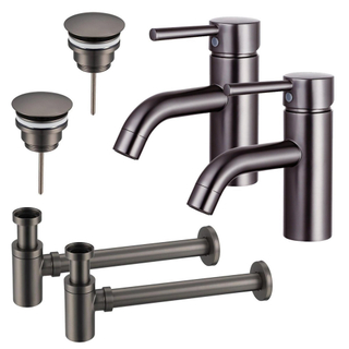 FugaFlow Eccelente Sobrado Kit robinet lavabo - pour double vasque - robinet bas - bonde non-obturable - siphon design bas - Gunmetal PVD