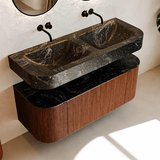 MONDIAZ THOR-DLUX 120cm meuble de salle de bains arrondi gauche + droite couleur Ruby avec 1 tiroir et 2 portes. Vasque suspendue CLOUD Double sans trou de robinet couleur Lava.