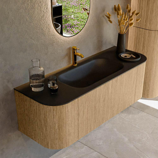 MONDIAZ KURVE 130cm Meuble salle de bain avec module 25 G et D - couleur Oak - 1 tiroir - 2 portes - vasque BIG SMALL centre - 1 trou de robinet - Urban