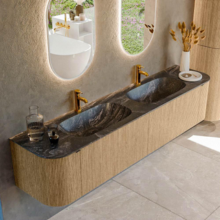 MONDIAZ KURVE-DLUX 200cm Meuble salle de bain avec module 25 G et D - couleur Oak - 2 tiroirs - 2 portes - vasque STOR SMALL double - 2 trous de robinet - couleur Lava