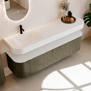 MONDIAZ THOR Meuble de salle de bains 170cm arrondi gauche + droite couleur Shadow avec 1 tiroir et 2 portes. Vasque suspendue CLOUD Gauche 1 trou de robinet couleur Talc.