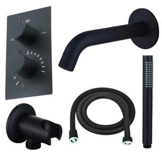 Fortifura Calvi Ensemble de robinet de baignoire - bec - 22cm réductible - flexible en métal - douchette à main - partie encastrable - support mural - noir mat