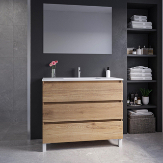 Adema Chaci PLUS Ensemble de meuble - 99.5x86x45.9cm - 1 vasque rectangulaire en céramique Blanc - 1 trou de robinet - 3 tiroirs - miroir rectangulaire - Cannelle