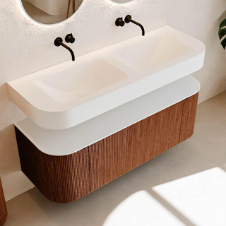 MONDIAZ THOR 130cm meuble de salle de bains arrondi gauche + droite couleur Ruby avec 1 tiroir et 2 portes. Vasque suspendue CLOUD Double sans trou de robinet couleur Talc.